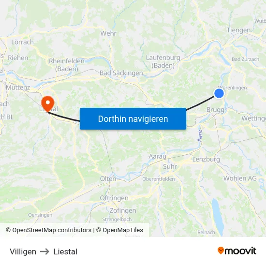 Villigen to Liestal map