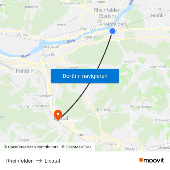 Rheinfelden to Liestal map