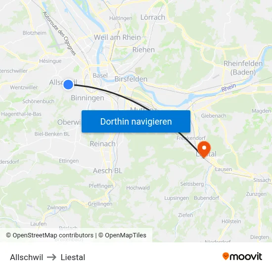 Allschwil to Liestal map