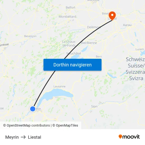 Meyrin to Liestal map