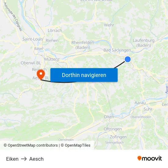 Eiken to Aesch map