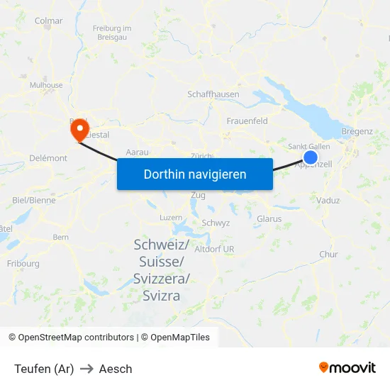 Teufen (Ar) to Aesch map