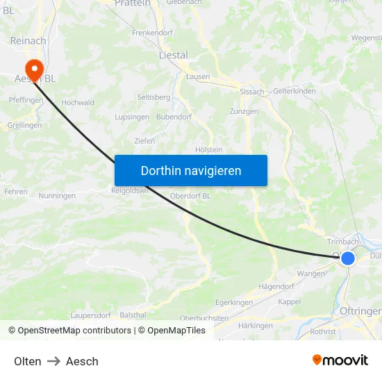 Olten to Aesch map
