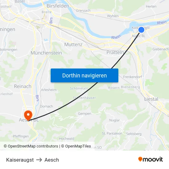 Kaiseraugst to Aesch map