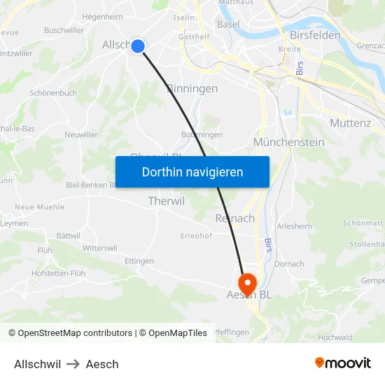 Allschwil to Aesch map