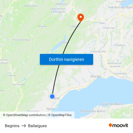 Begnins to Ballaigues map