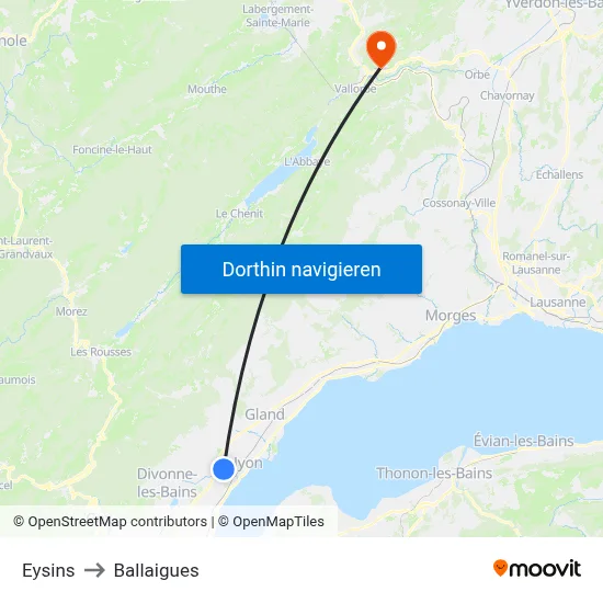 Eysins to Ballaigues map