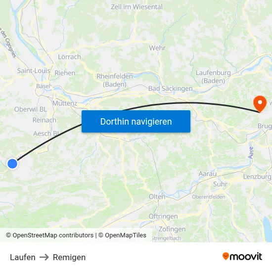 Laufen to Remigen map