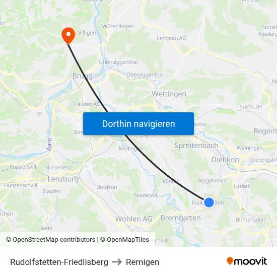 Rudolfstetten-Friedlisberg to Remigen map