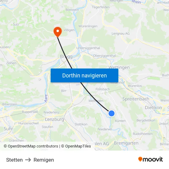 Stetten to Remigen map