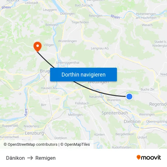 Dänikon to Remigen map