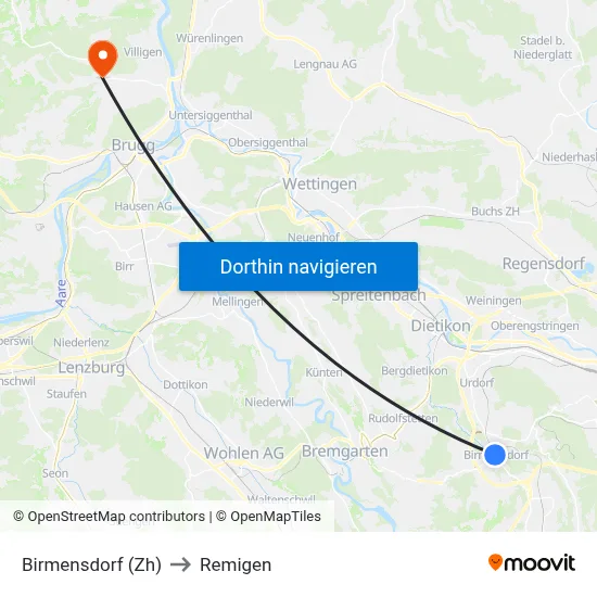 Birmensdorf (Zh) to Remigen map