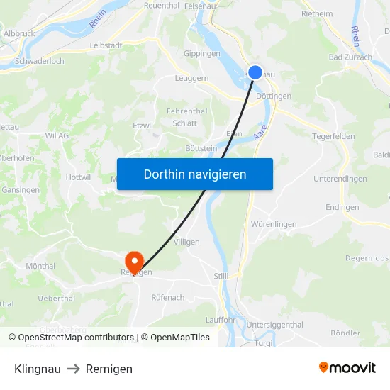Klingnau to Remigen map