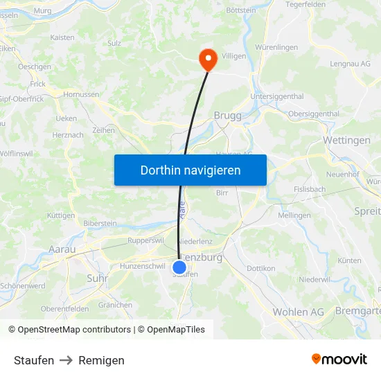 Staufen to Remigen map