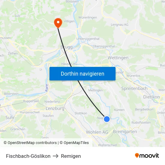 Fischbach-Göslikon to Remigen map