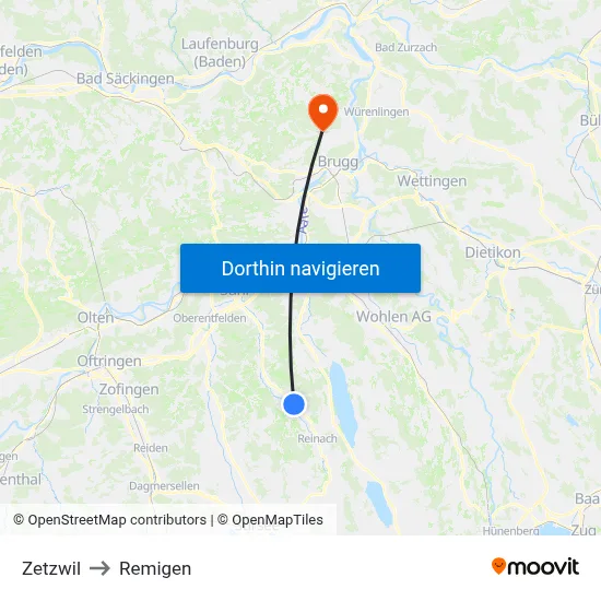 Zetzwil to Remigen map