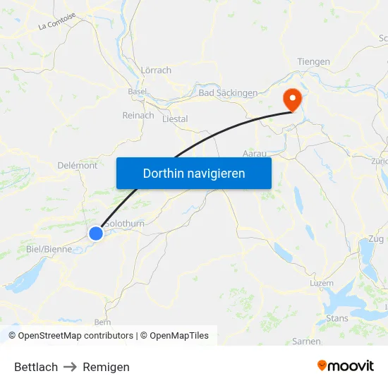 Bettlach to Remigen map
