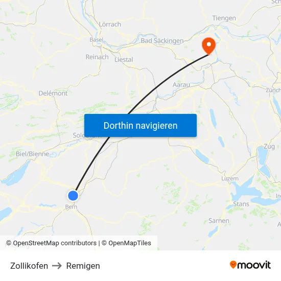 Zollikofen to Remigen map