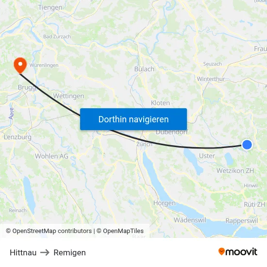 Hittnau to Remigen map