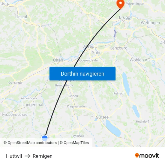 Huttwil to Remigen map