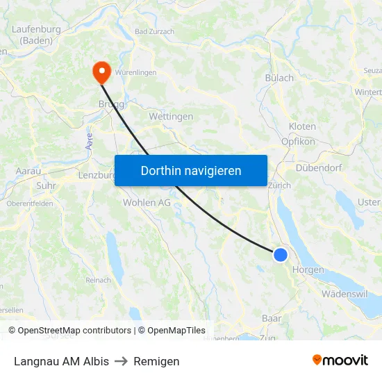 Langnau AM Albis to Remigen map