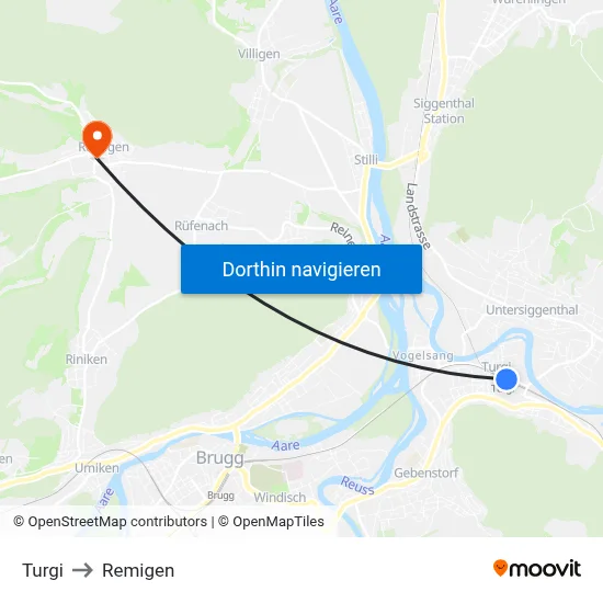 Turgi to Remigen map