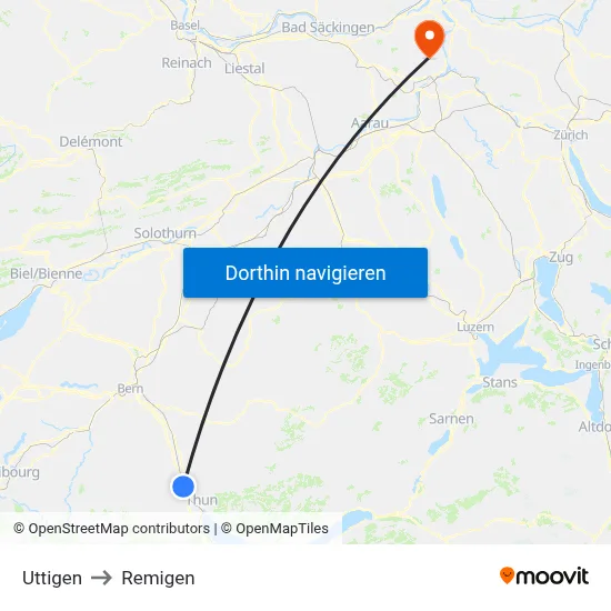 Uttigen to Remigen map