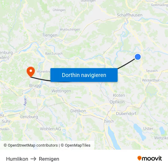 Humlikon to Remigen map