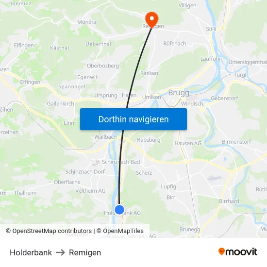 Holderbank to Remigen map