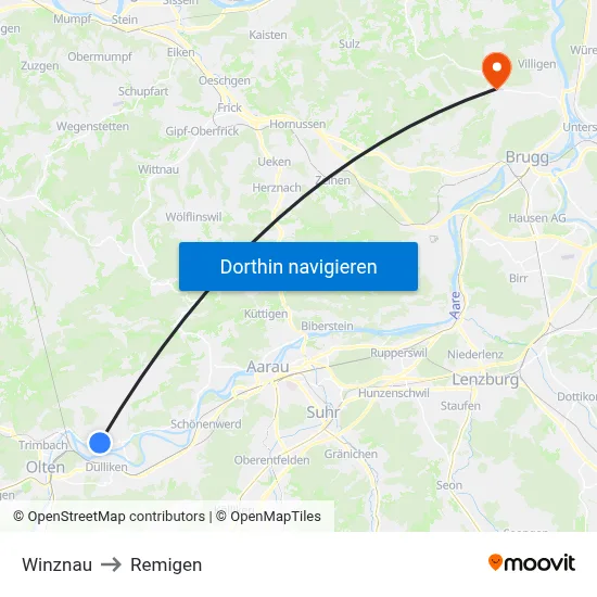 Winznau to Remigen map