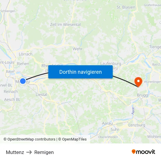 Muttenz to Remigen map