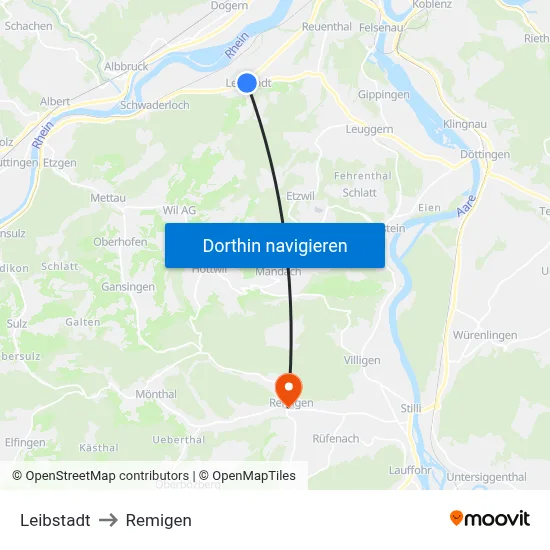 Leibstadt to Remigen map