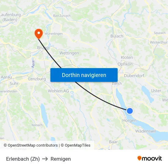 Erlenbach (Zh) to Remigen map