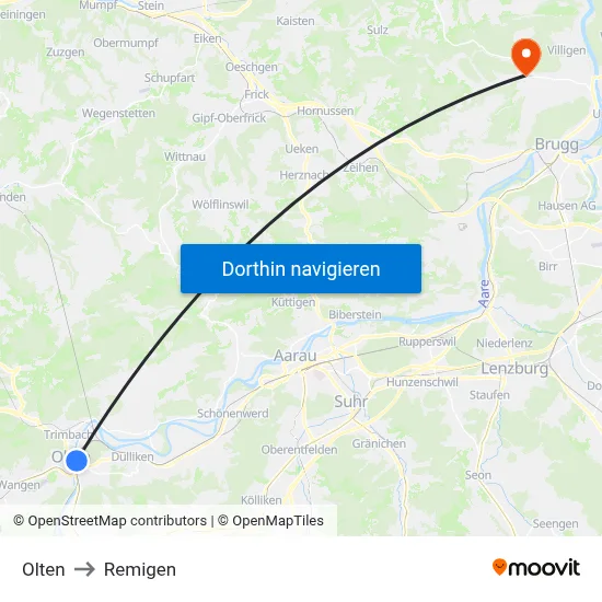 Olten to Remigen map