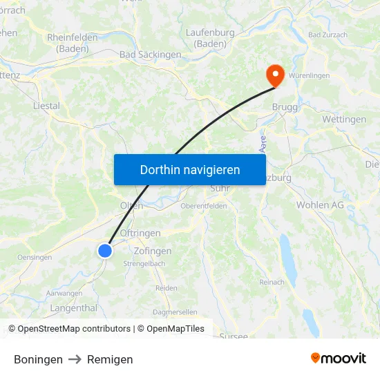 Boningen to Remigen map