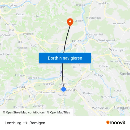 Lenzburg to Remigen map