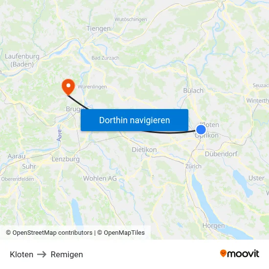 Kloten to Remigen map