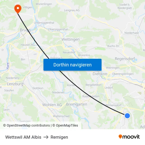 Wettswil AM Albis to Remigen map