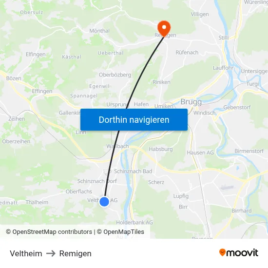 Veltheim to Remigen map