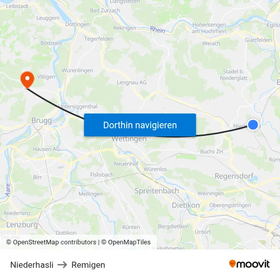 Niederhasli to Remigen map