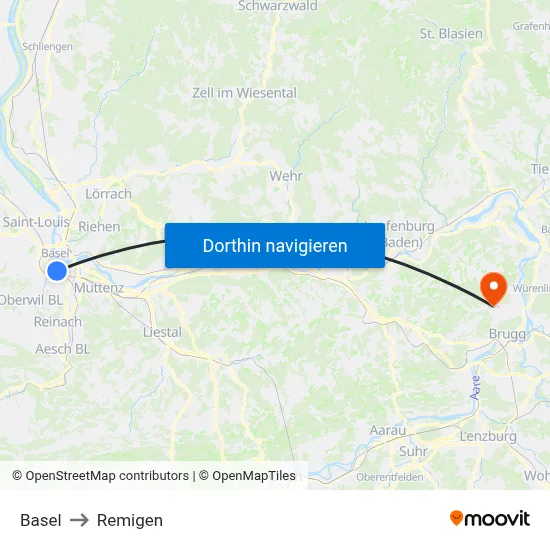 Basel to Remigen map