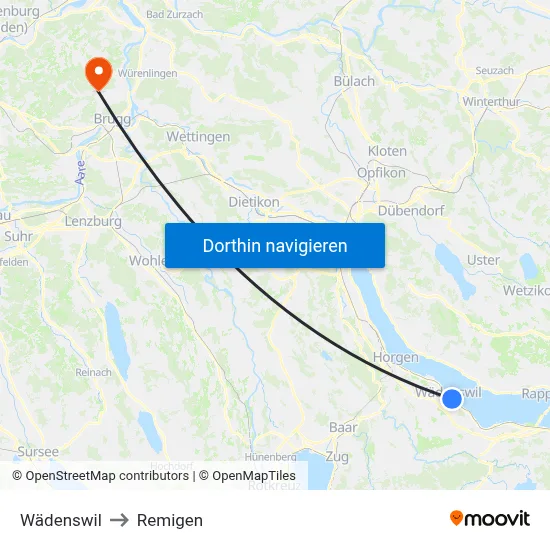 Wädenswil to Remigen map