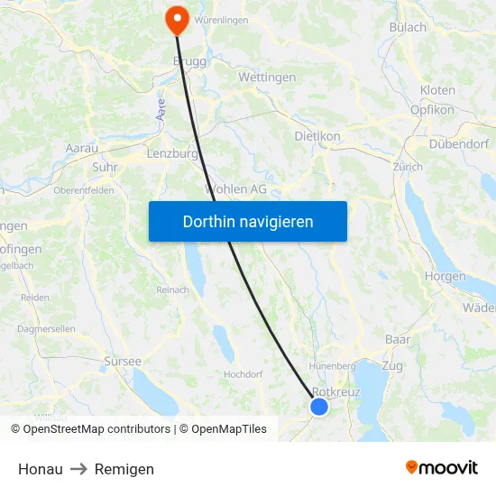 Honau to Remigen map
