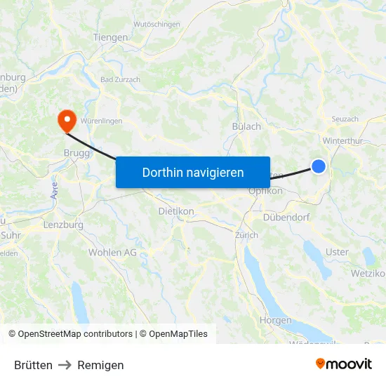 Brütten to Remigen map