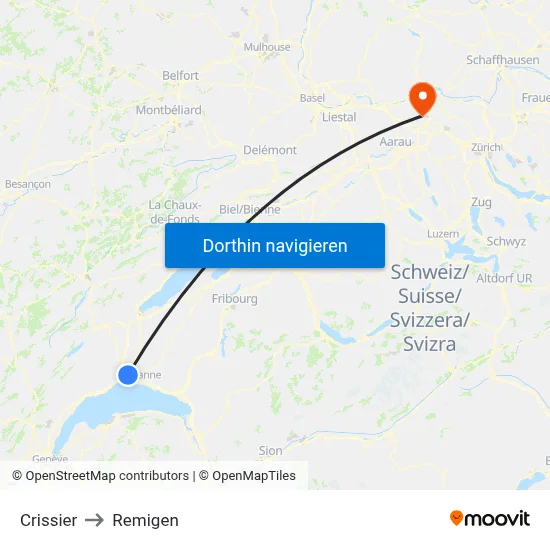 Crissier to Remigen map