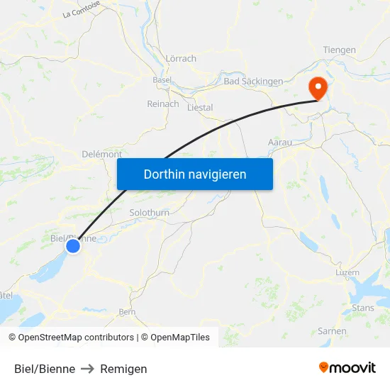 Biel/Bienne to Remigen map
