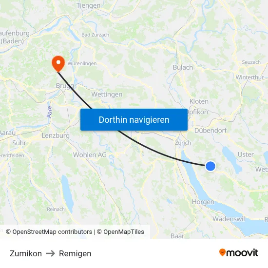 Zumikon to Remigen map