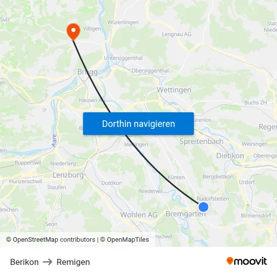 Berikon to Remigen map
