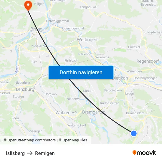 Islisberg to Remigen map