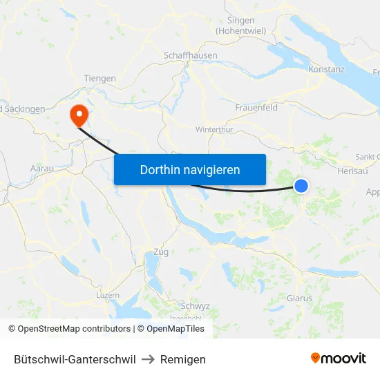 Bütschwil-Ganterschwil to Remigen map